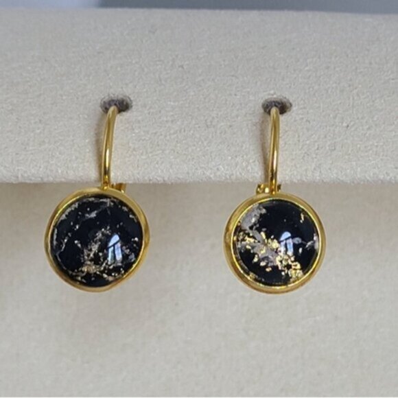 Elegant Hand Crafted Boho Black Gold Gemstone Marble Circle Drop Dangle Earrings - Picture 2 of 15